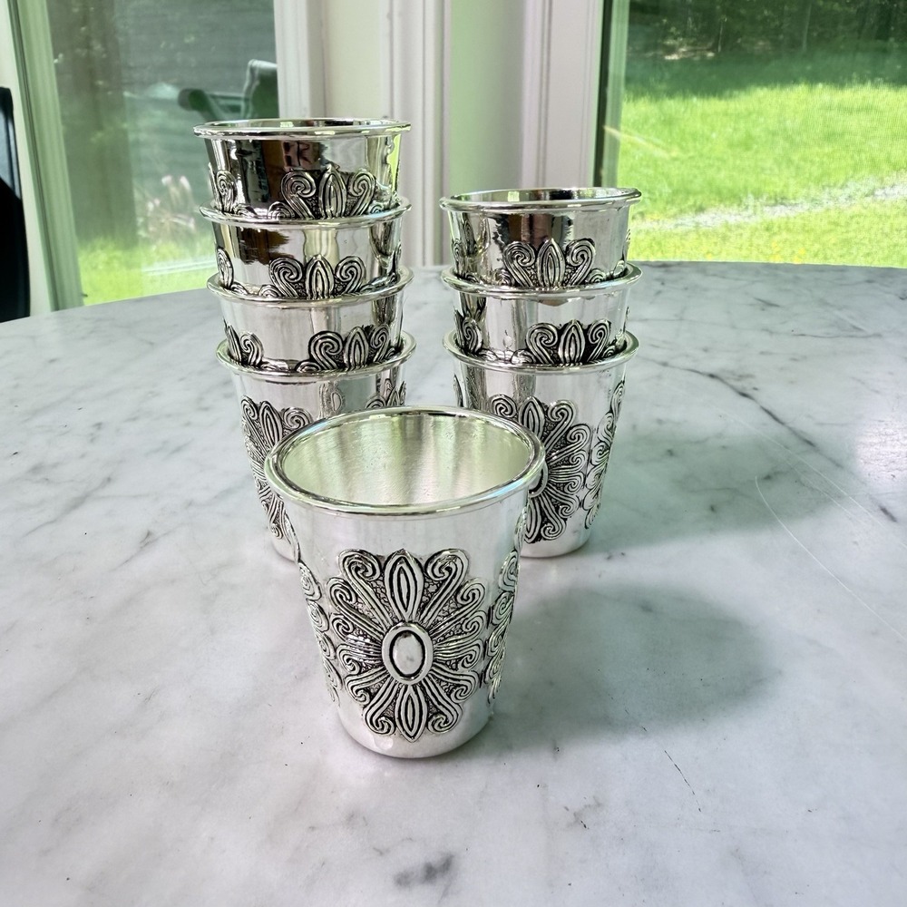 Set of 8 3" Shiny Judaica Kiddush‎ Cups Silver-Tone Non-Tarnish Shabbat Wine